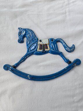 Painted Blue Vintage Cast Iron Rocking Horse Key Holder Wall Decor